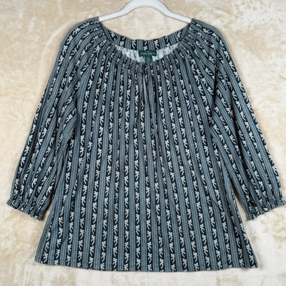 Lauren Jeans Co Ralph Lauren Women Med Blue Floral Stripe Peasant Top Blouse